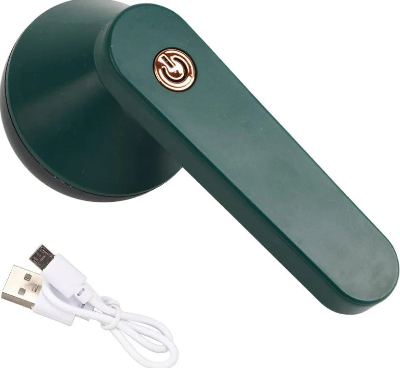 Green Electric Lint Remover with USB cable on a white background