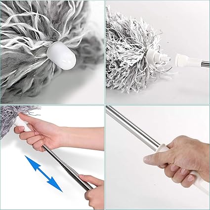 Collage of a cleaning tool with a duster head, handle, and close-up of hands using it.