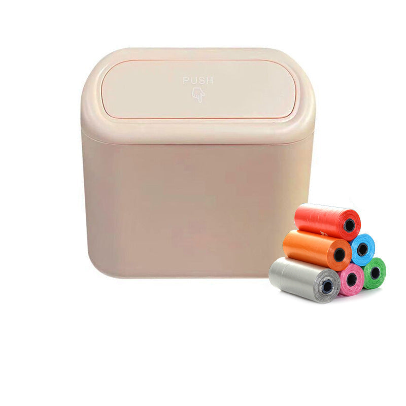 Beige trash bin with colorful garbage bags on a white background