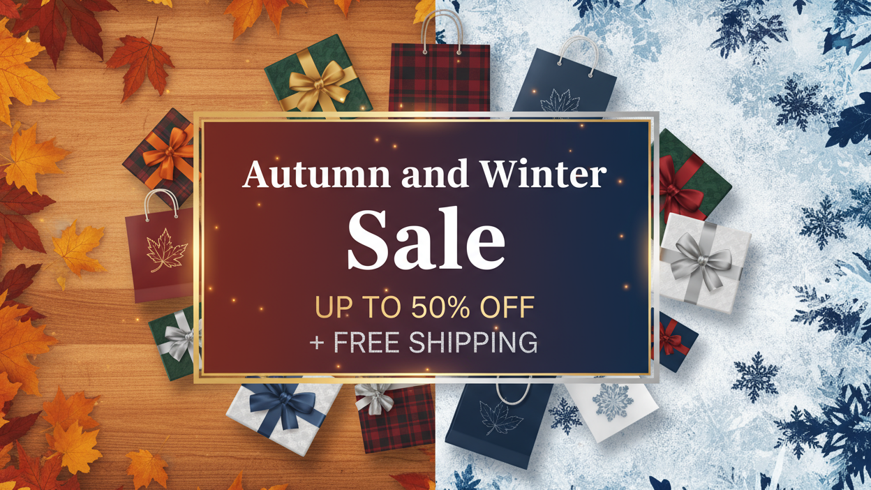Autumn and Winter Sale advertisement with gift bags and leaves on a wooden surface.